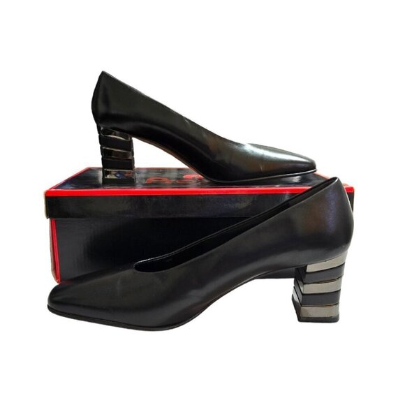 Proxy Vintage 80s Black Leather Mary Kidskin Square Toe Heels Sz 7 - Picture 1 of 11